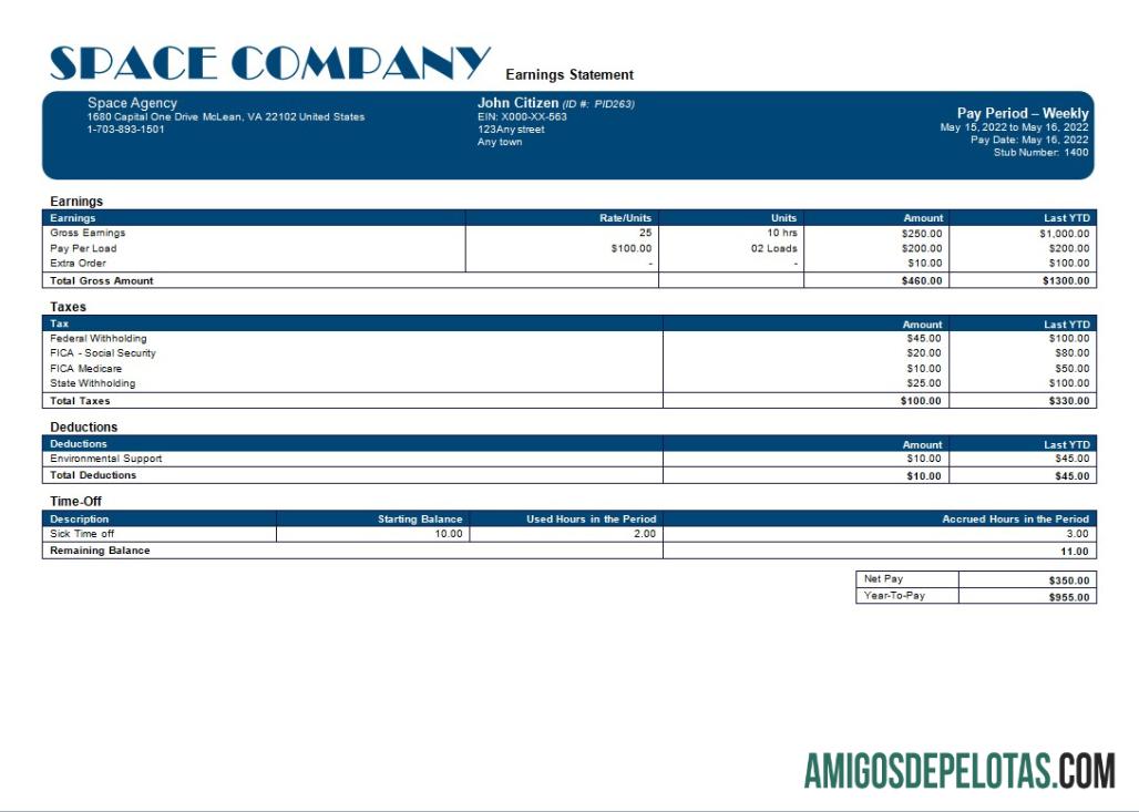 Realista Modelo de recibo de pagamento editável da Space Company em formatos Word e PDF